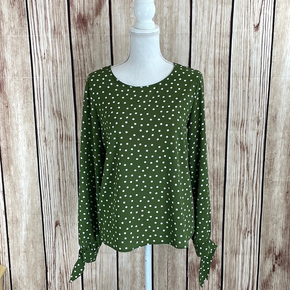 Everly Green Flowy Lightweight Blouse w/White Polka Dots & Ties on Sleeves